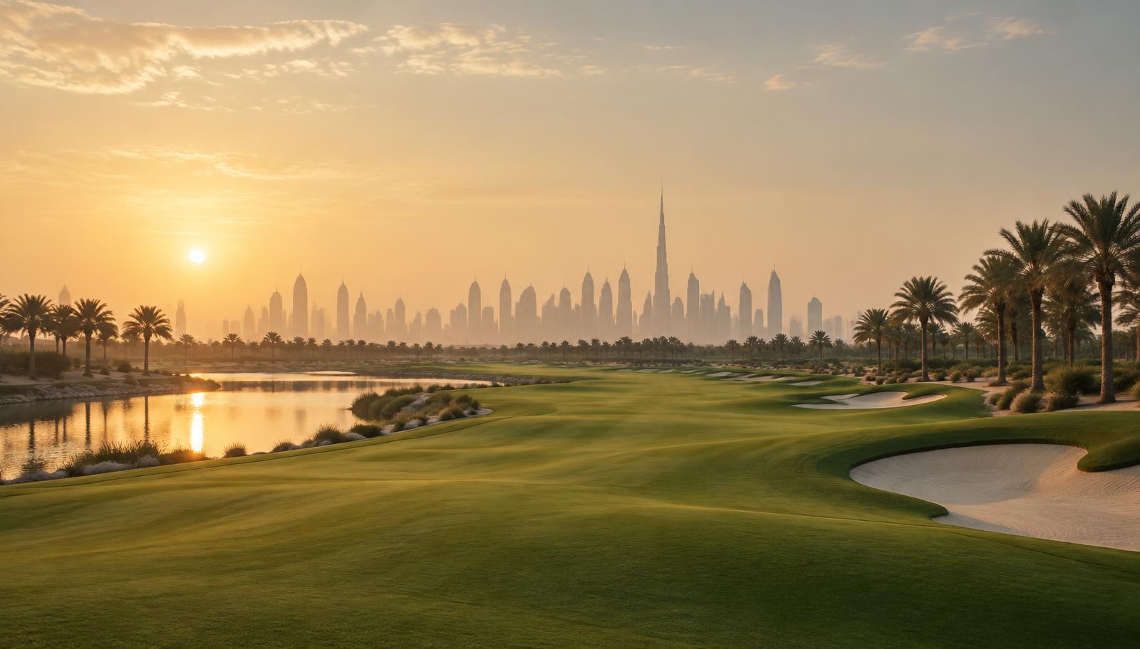 Championship golf course in Dubai at golden hour